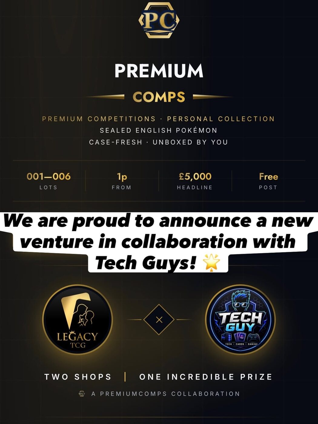 Premium Comps launch artwork — a Legacy TCG and Tech Guy TCG collaboration
